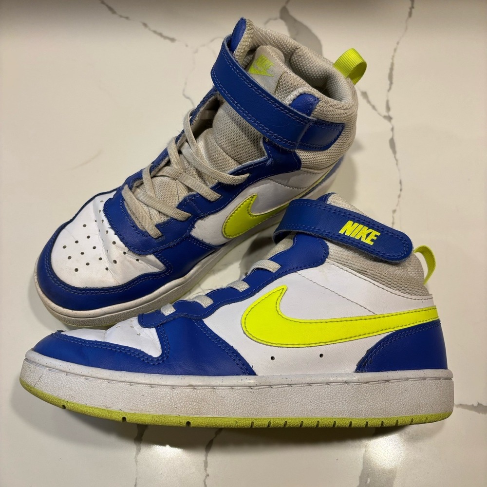 Nike Kids' Court Borough 2 Mid Sneakers Size 3Y White Blue Neon Volt HJ9243-488